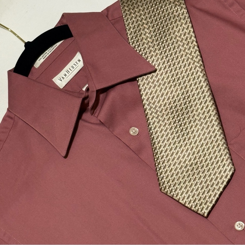 NEW Van Heusen Mens Lux Sateen Wrinkle Free Dress Shirt & Silk Tie SZ 15.5 34/35